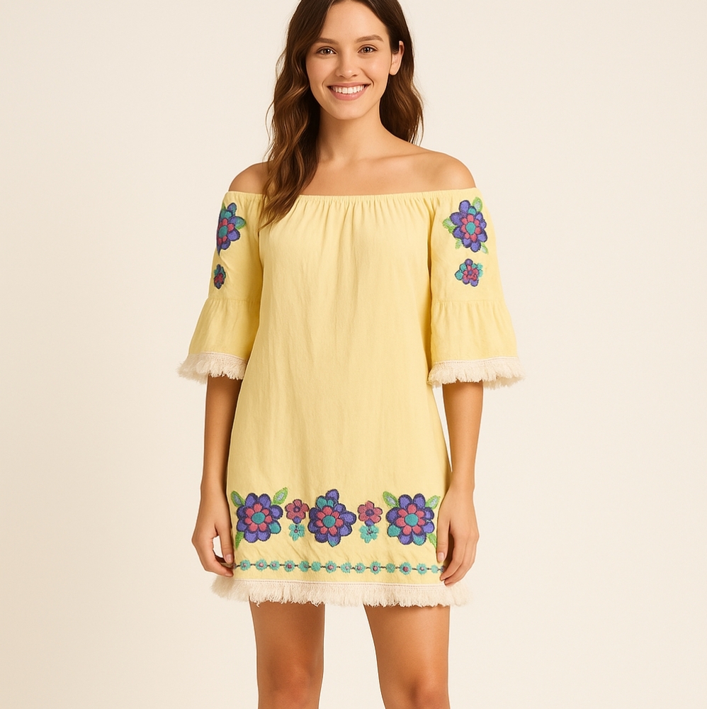 Velzera Floral Embroidered Off-Shoulder Yellow Dress